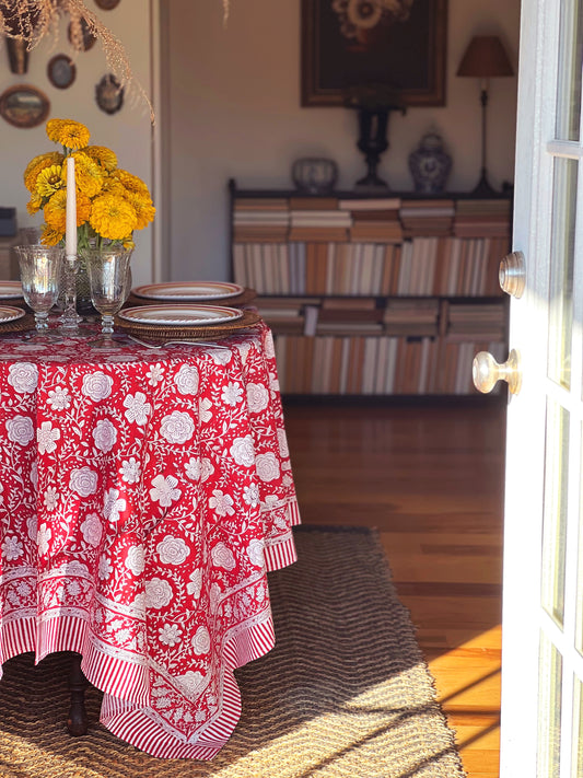 Block Print Tablecloth in Red & White Hand Made in Spain