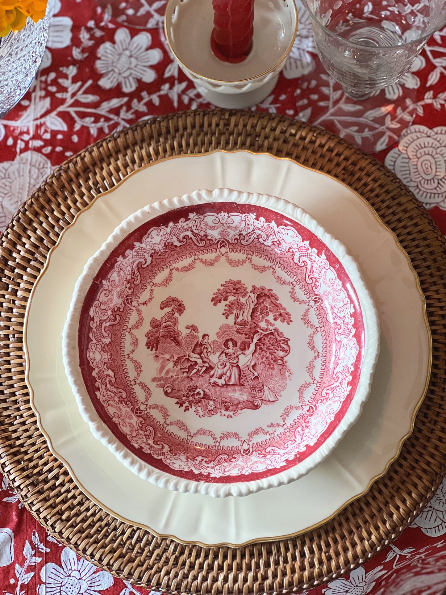 Vintage Woods Burslem Watteau Set of 4 Red Transferware Soup Bowls