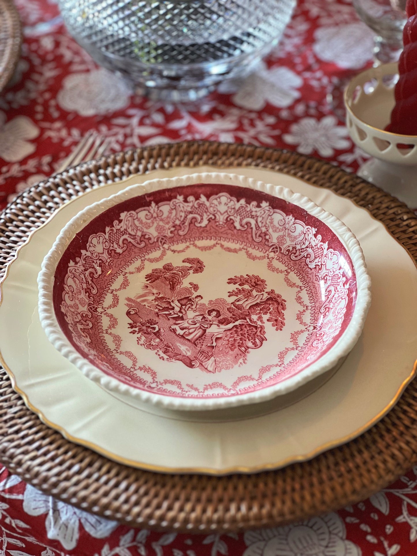 Vintage Woods Burslem Watteau Set of 4 Red Transferware Soup Bowls