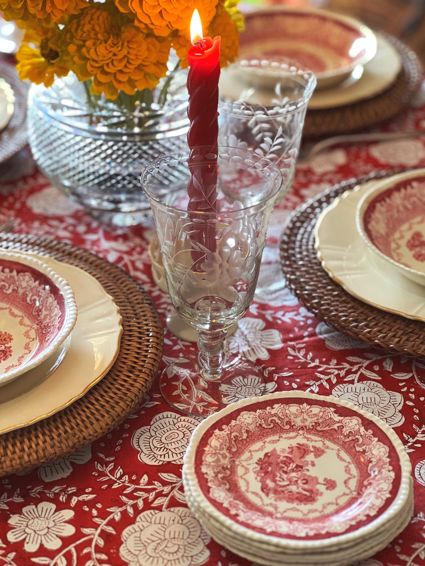 Vintage Woods Burslem Watteau Red Transferware Set of 7 Bread & Butter Plates