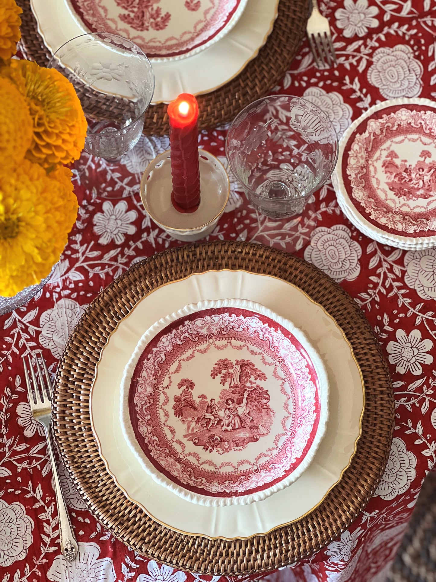 Vintage Woods Burslem Watteau Set of 4 Red Transferware Soup Bowls