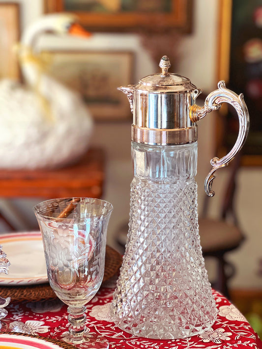 Vintage Cut Glass & Silver Claret Pitcher with Ice Insert