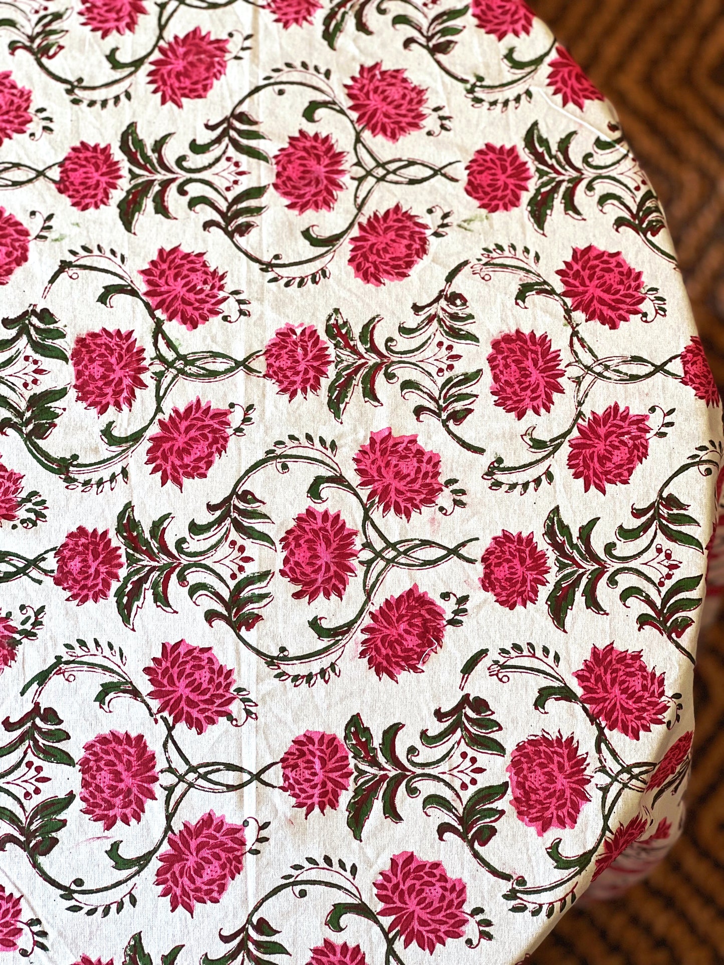 Block Print Tablecloth in Pink & Green Hand Made in Spain