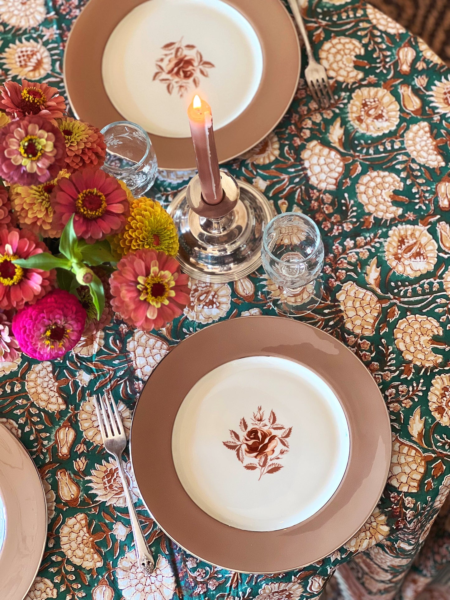 Block Print Tablecloth in Teal & Taupe Hand Made in Spain