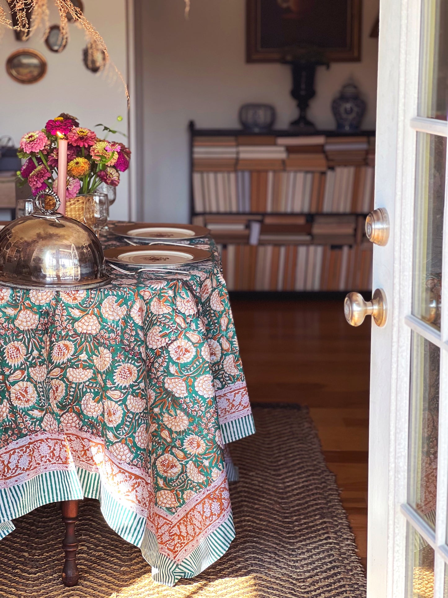 Block Print Tablecloth in Teal & Taupe Hand Made in Spain