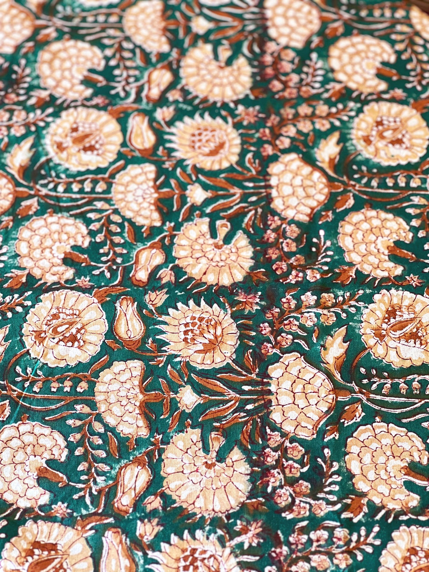 Block Print Tablecloth in Teal & Taupe Hand Made in Spain