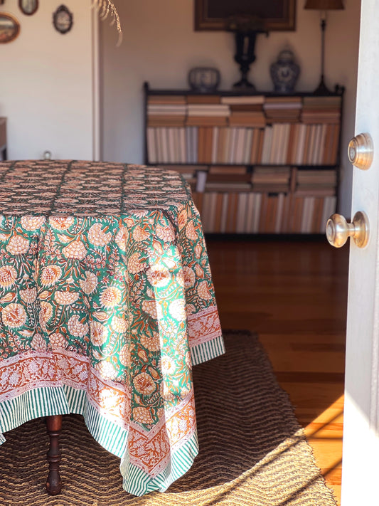 Block Print Tablecloth in Teal & Taupe Hand Made in Spain