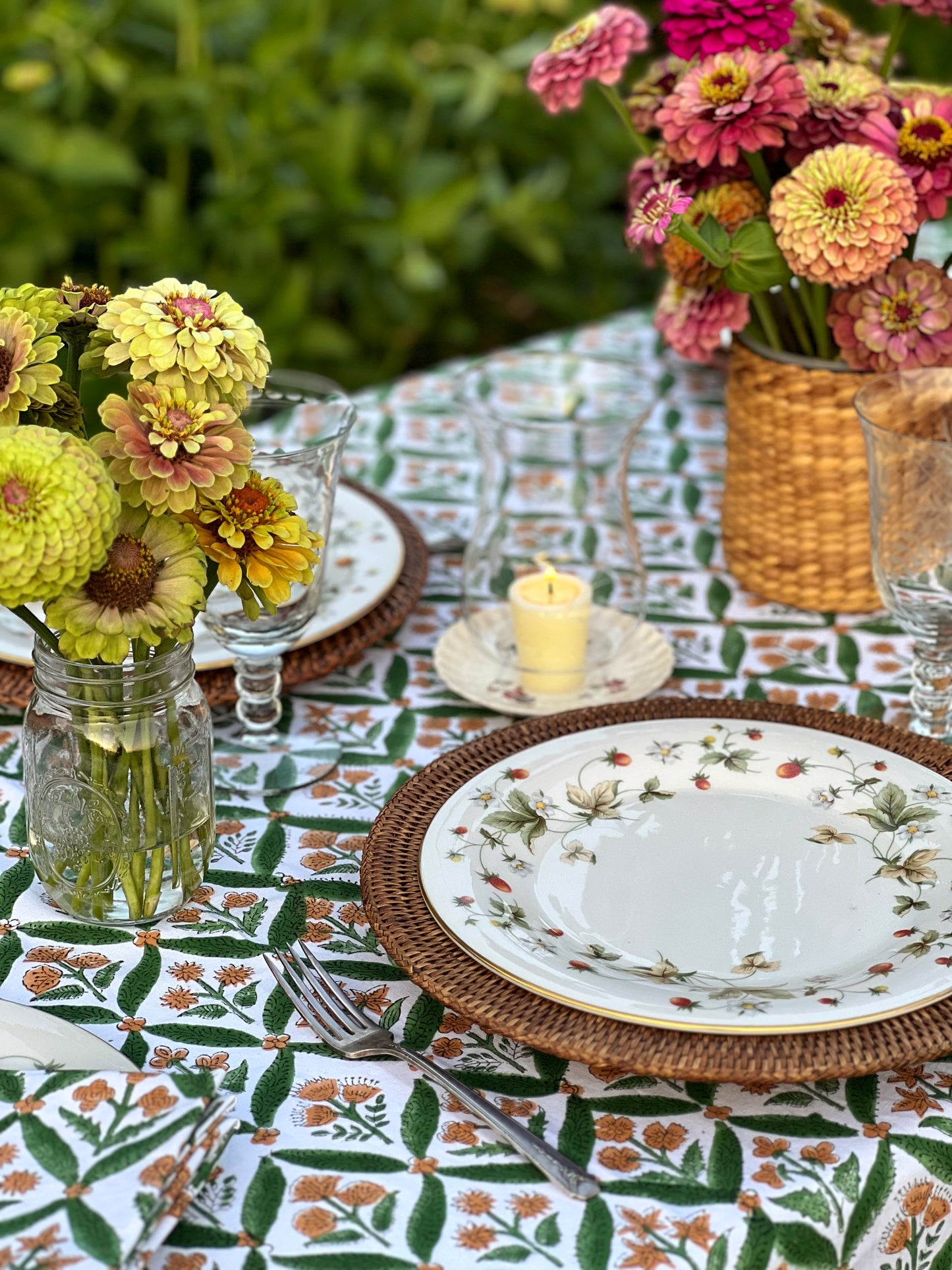 Set of 4 Block Print Napkins in Green & Marigold Hand Made in Spain