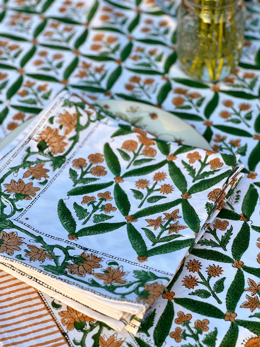 Set of 4 Block Print Napkins in Green & Marigold Hand Made in Spain