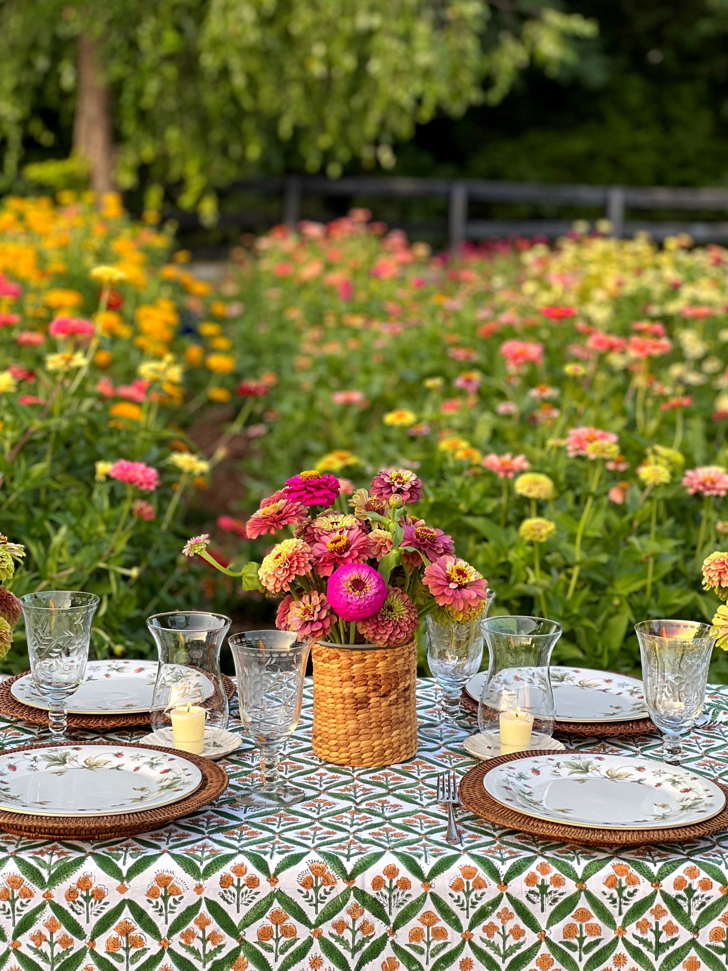 Block Print Tablecloth in Green & Marigold Hand Made in Spain