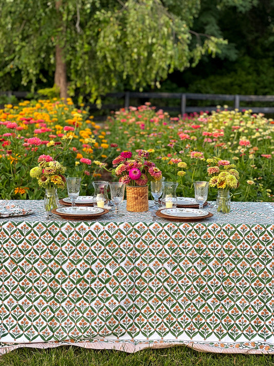 Block Print Tablecloth in Green & Marigold Hand Made in Spain