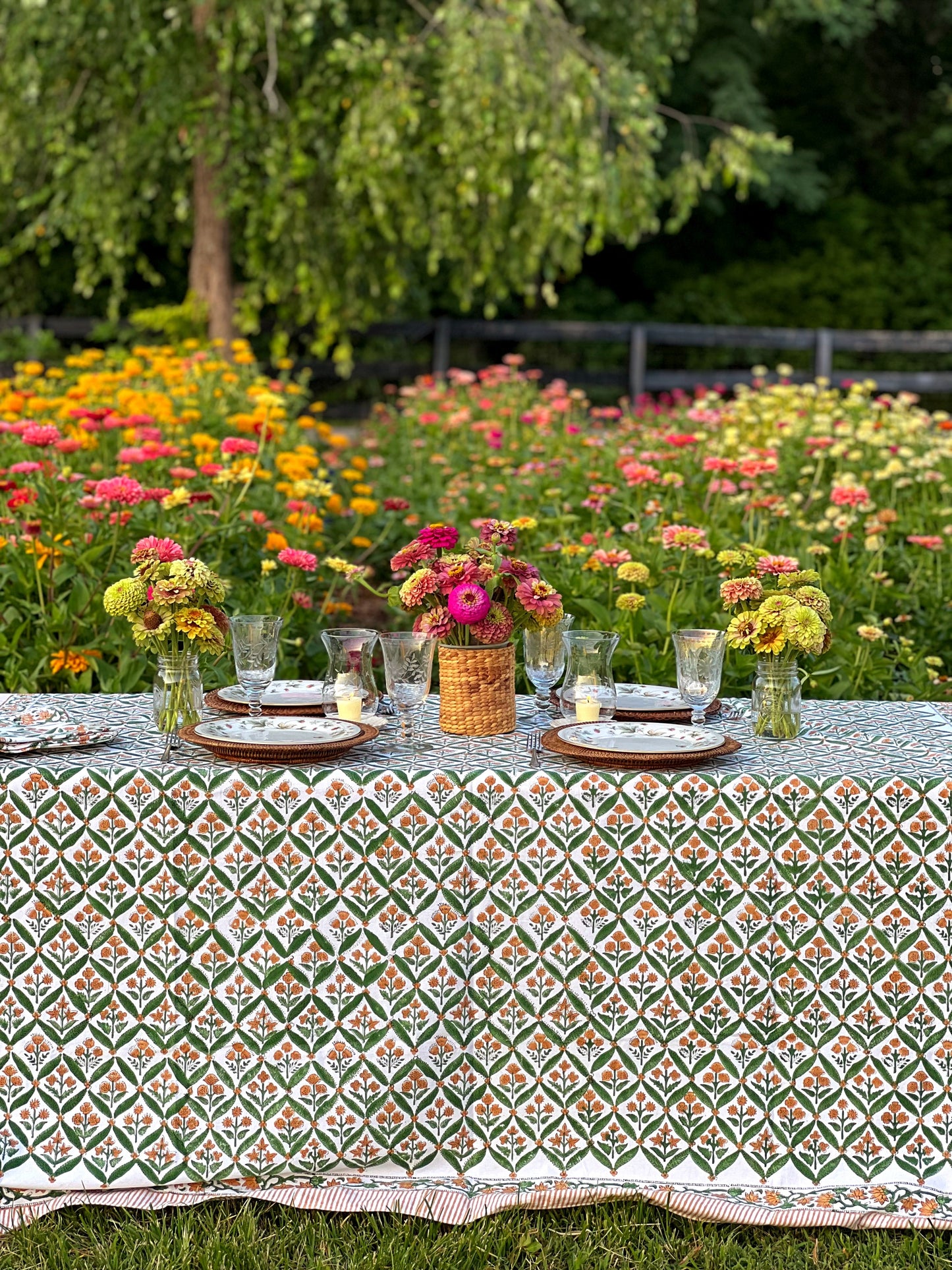 Set of 4 Block Print Napkins in Green & Marigold Hand Made in Spain