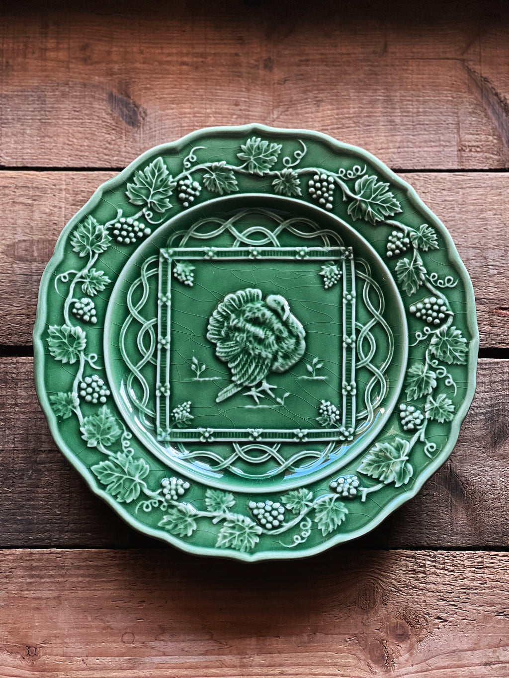 Vintage Set of 4 Green Bordallo Pinheiro Turkey Luncheon Plates