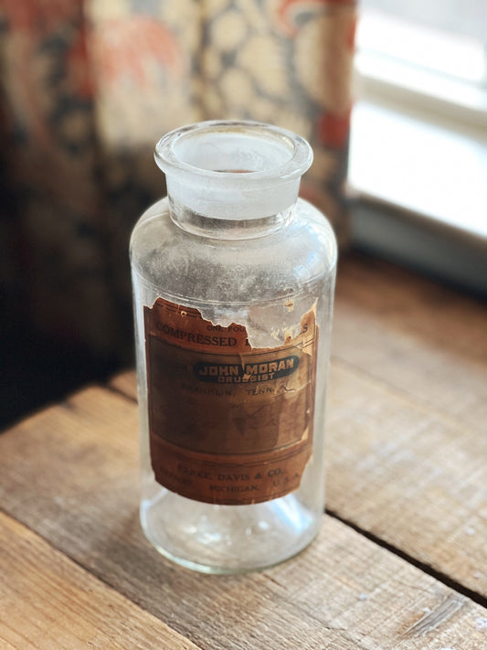 pharmacy bottle from John Moran druggist in Franklin TN circa 1928 - 1931