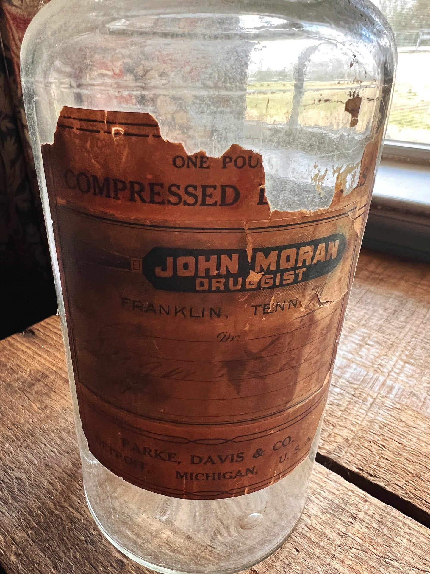 Vintage Glass John Moran Druggist Franklin TN Medicine Bottle