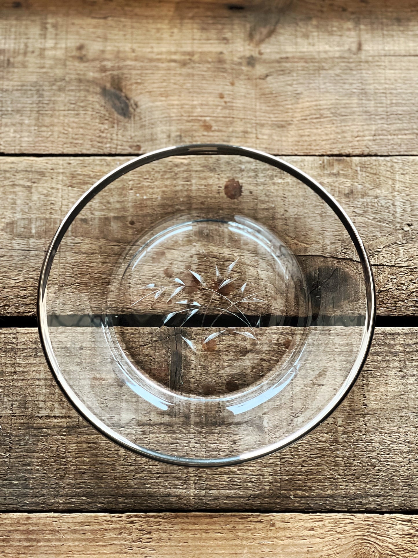 Set of 4 Vintage Silver Rim Etched Glass Salad Plates