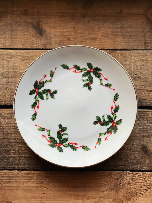 salad plate with a holly and ribbon design