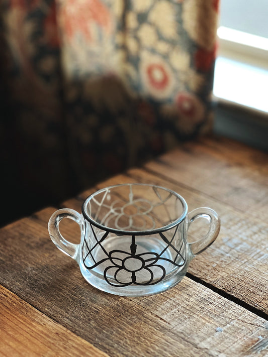 glass sugar bowl with silver detail