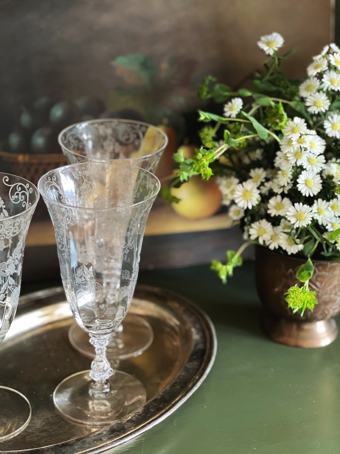 Tall Vintage Etched Crystal Wine Glass / Iced Tea Glass