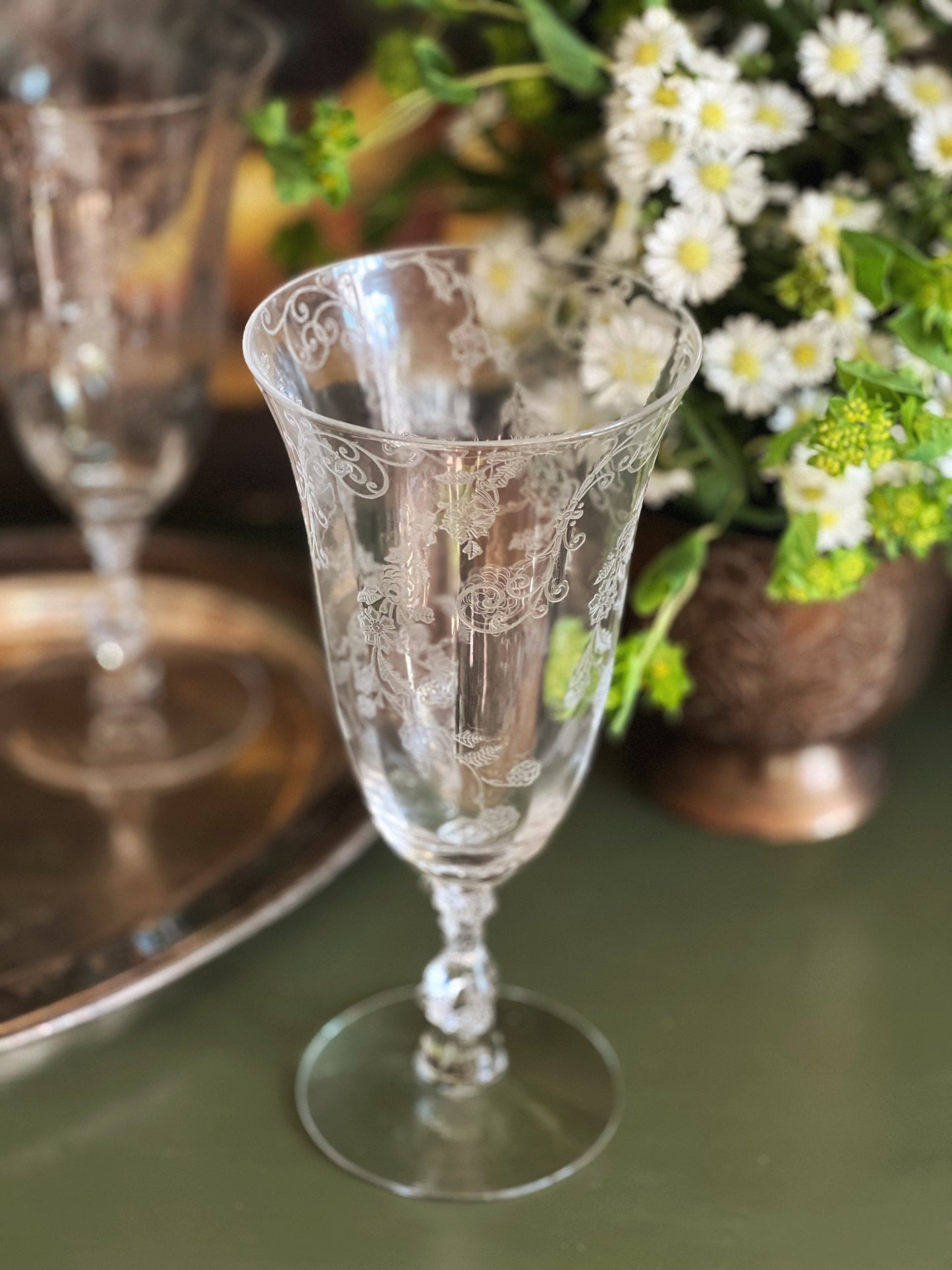 Tall Vintage Etched Crystal Wine Glass / Iced Tea Glass