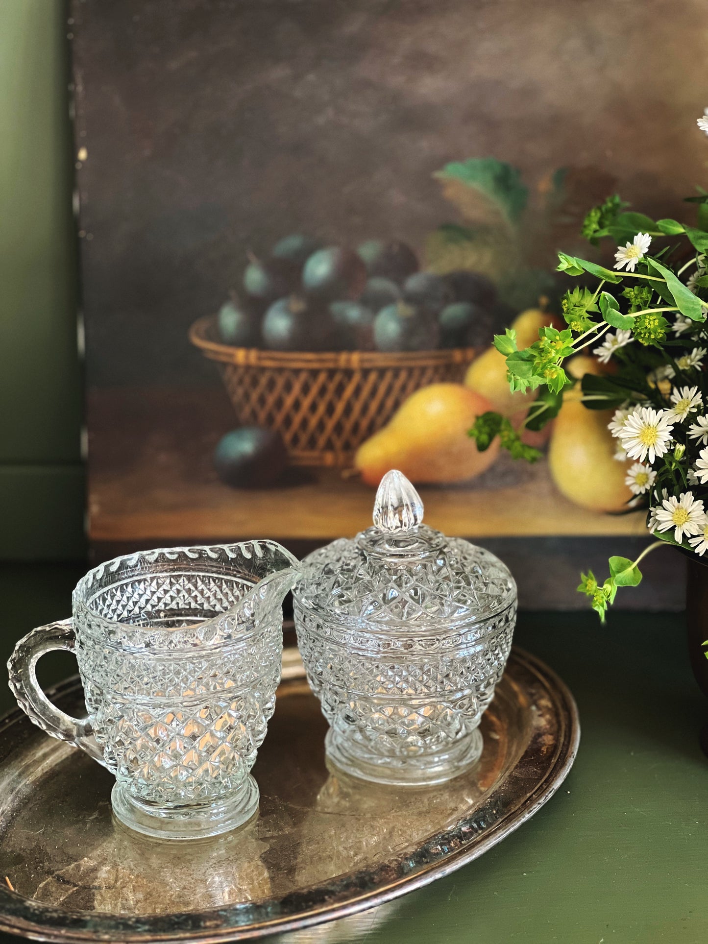 cut glass sugar bowl and creamer