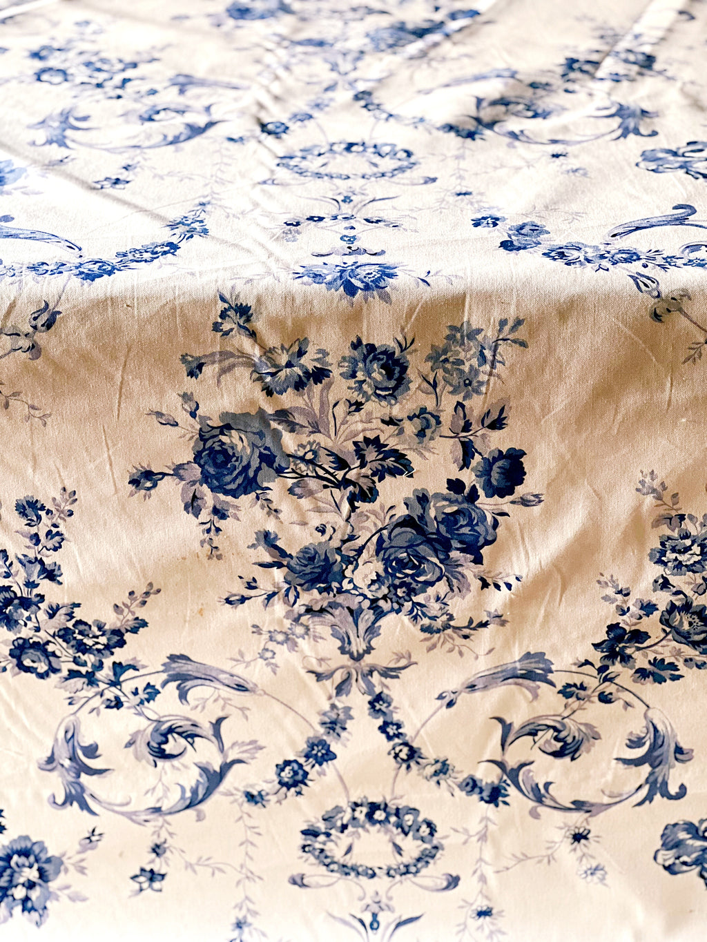 blue and ivory floral print vintage fabric 