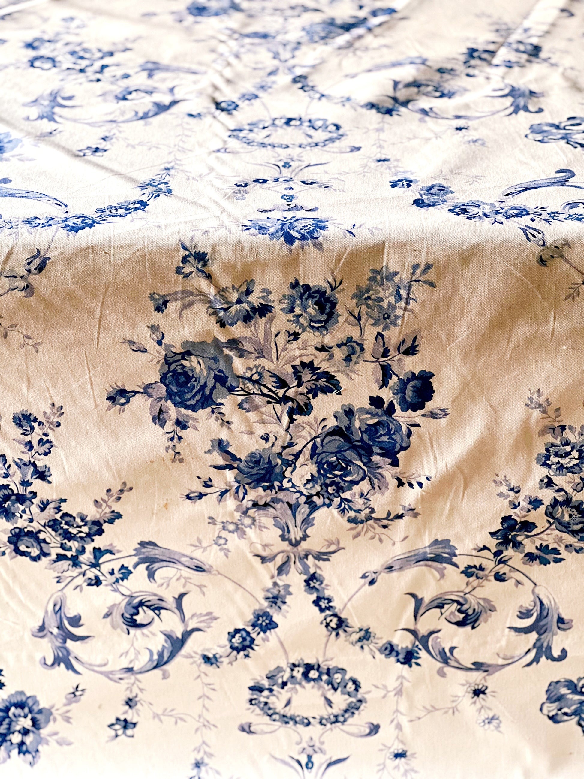 blue and ivory floral print vintage fabric 