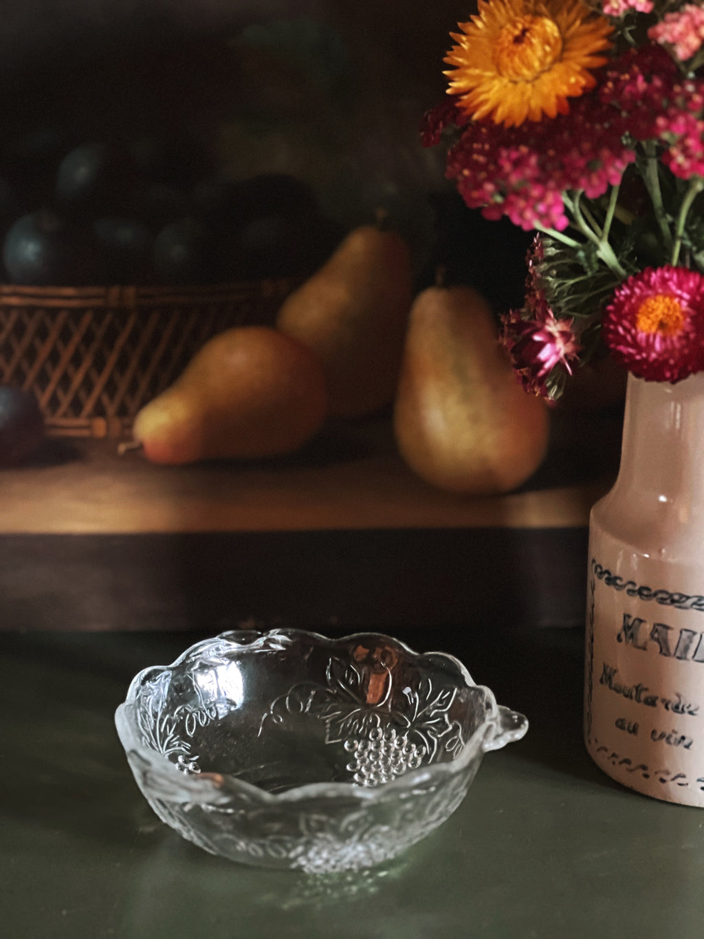 Vintage Glass Bowl with Handles & Grapevine Design