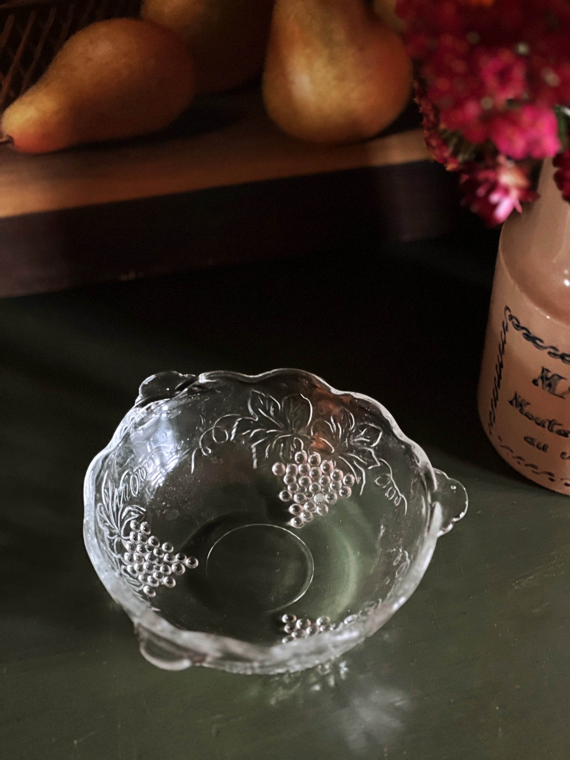 Vintage Glass Bowl with Handles & Grapevine Design