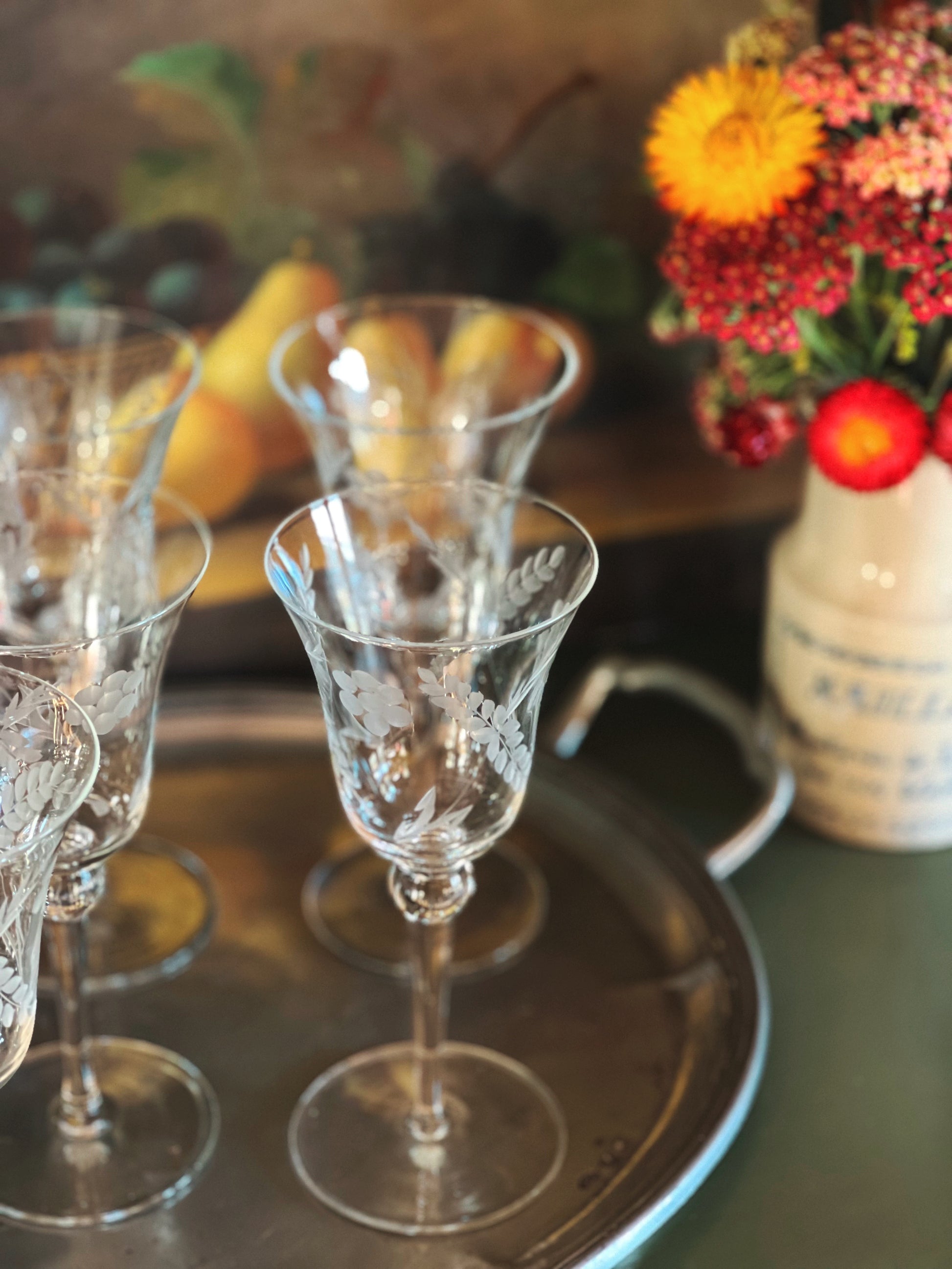 Tall Etched Vintage Wine Glass