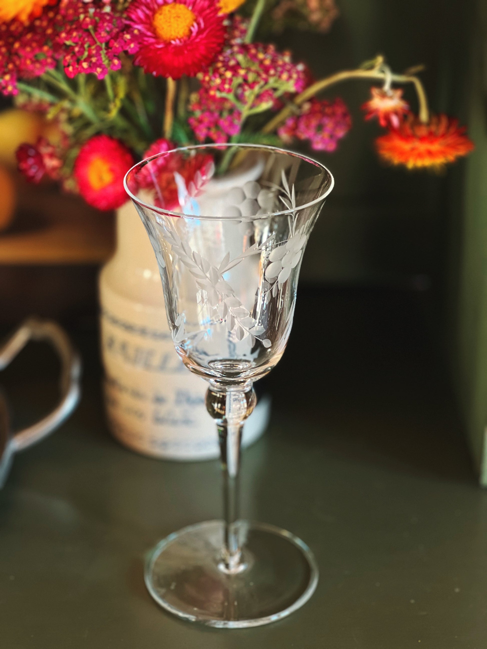 Tall Etched Vintage Wine Glass