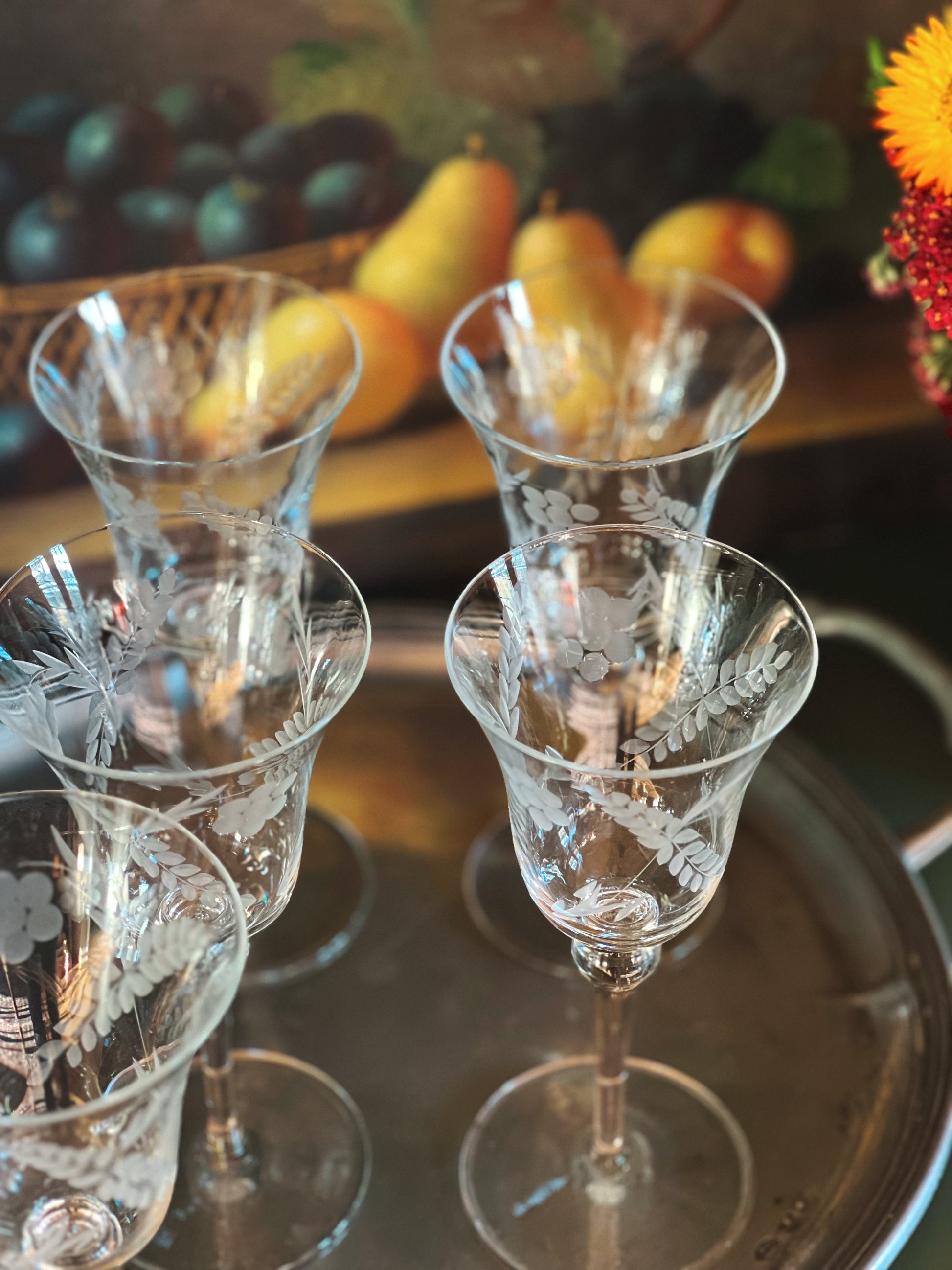 Tall Etched Vintage Wine Glass