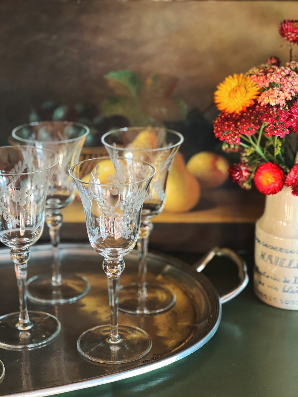 Tall Etched Vintage Wine Glass