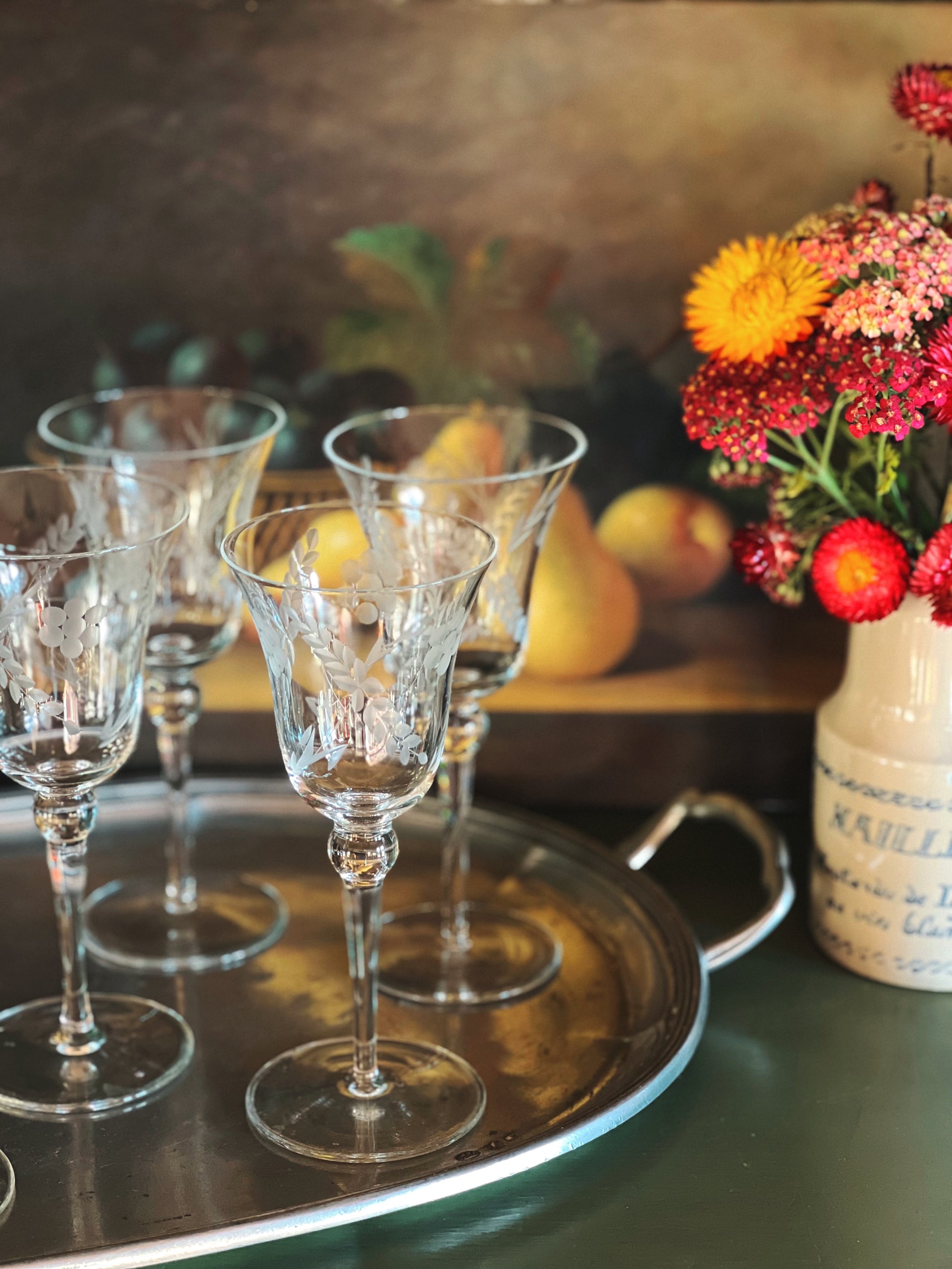 Tall Etched Vintage Wine Glass