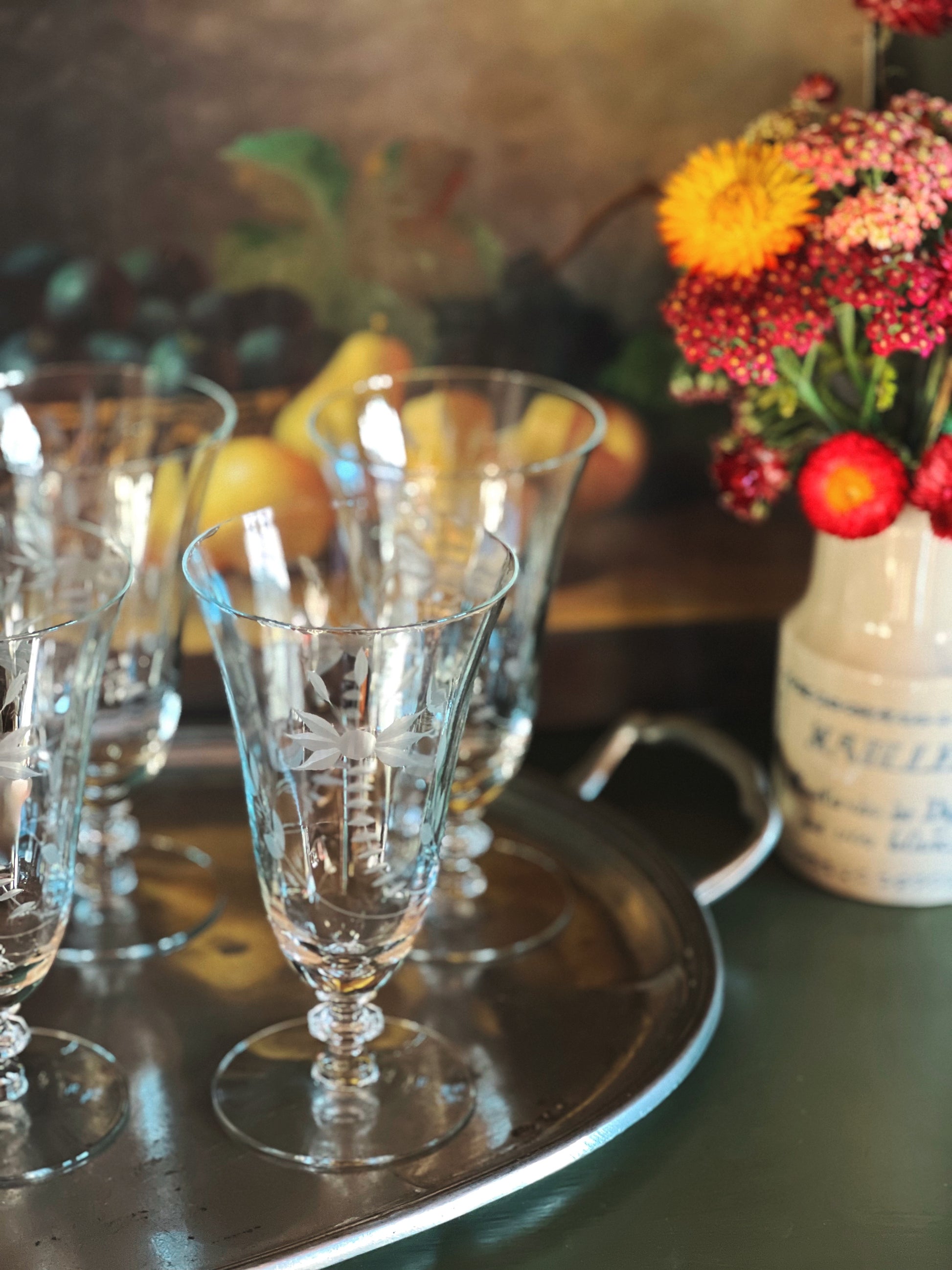 Vintage Tall Intricately Etched Crystal Iced Tea Glass