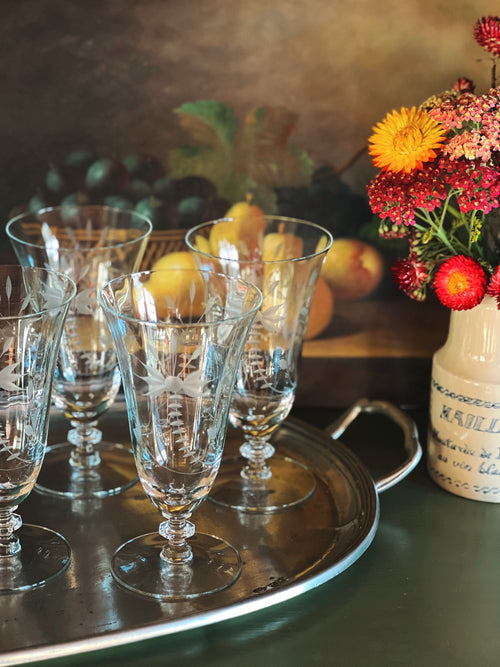 etched iced tea glasses on a silver tray