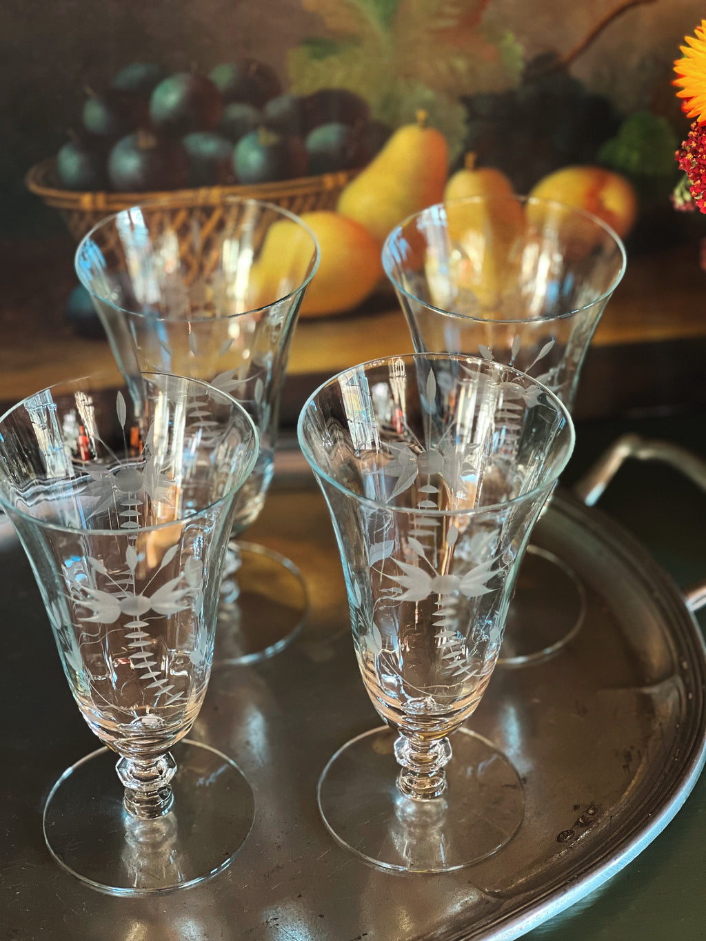 Vintage Tall Intricately Etched Crystal Iced Tea Glass