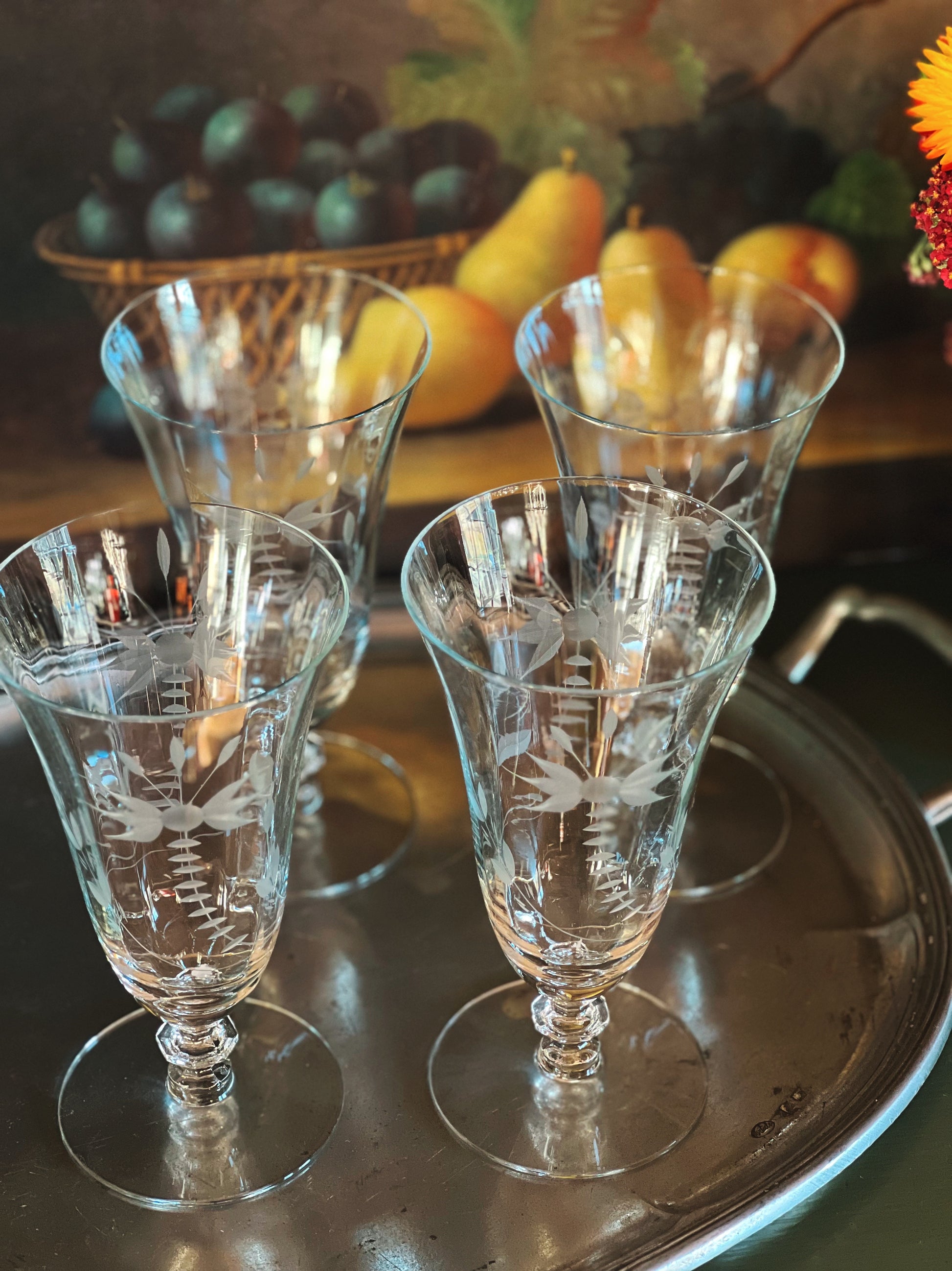 Vintage Tall Intricately Etched Crystal Iced Tea Glass