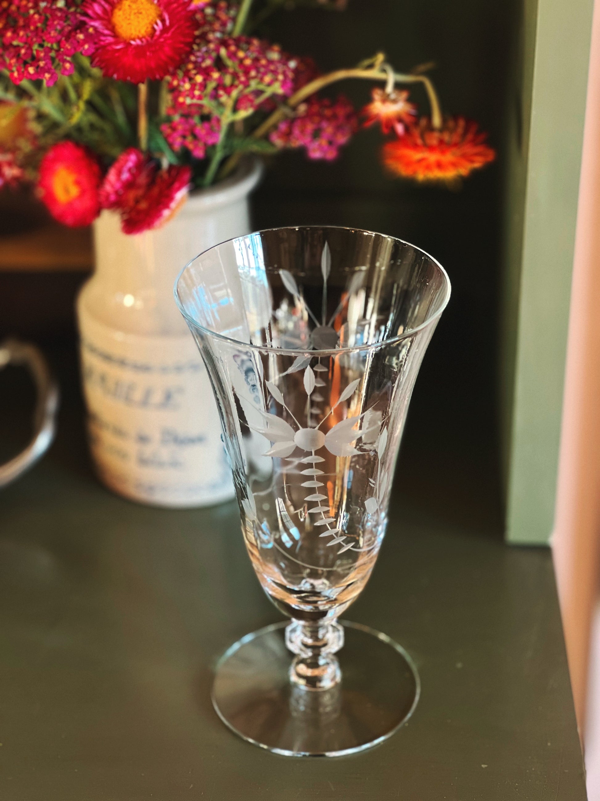 Vintage Tall Intricately Etched Crystal Iced Tea Glass