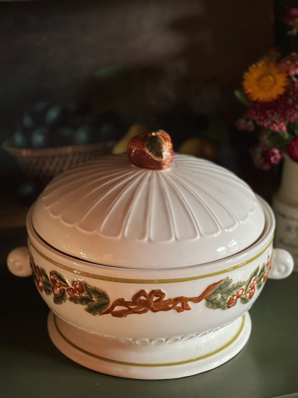ceramic tureen with an acorn and bow design