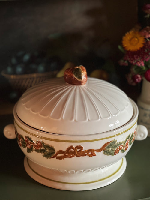 ceramic tureen with an acorn and bow design