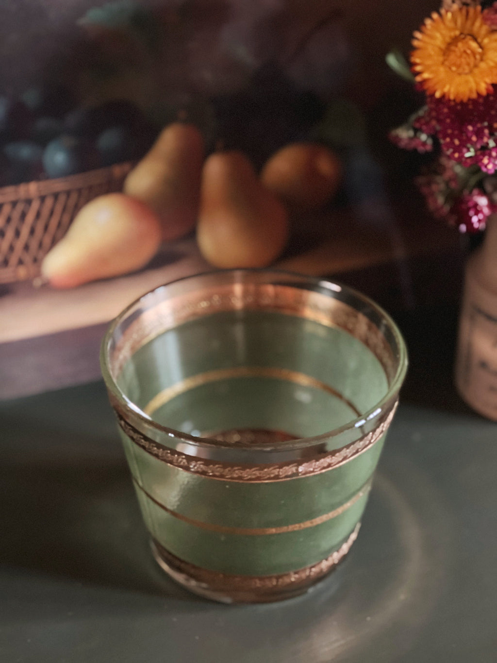 Vintage Green and Gold Glass Ice Bucket