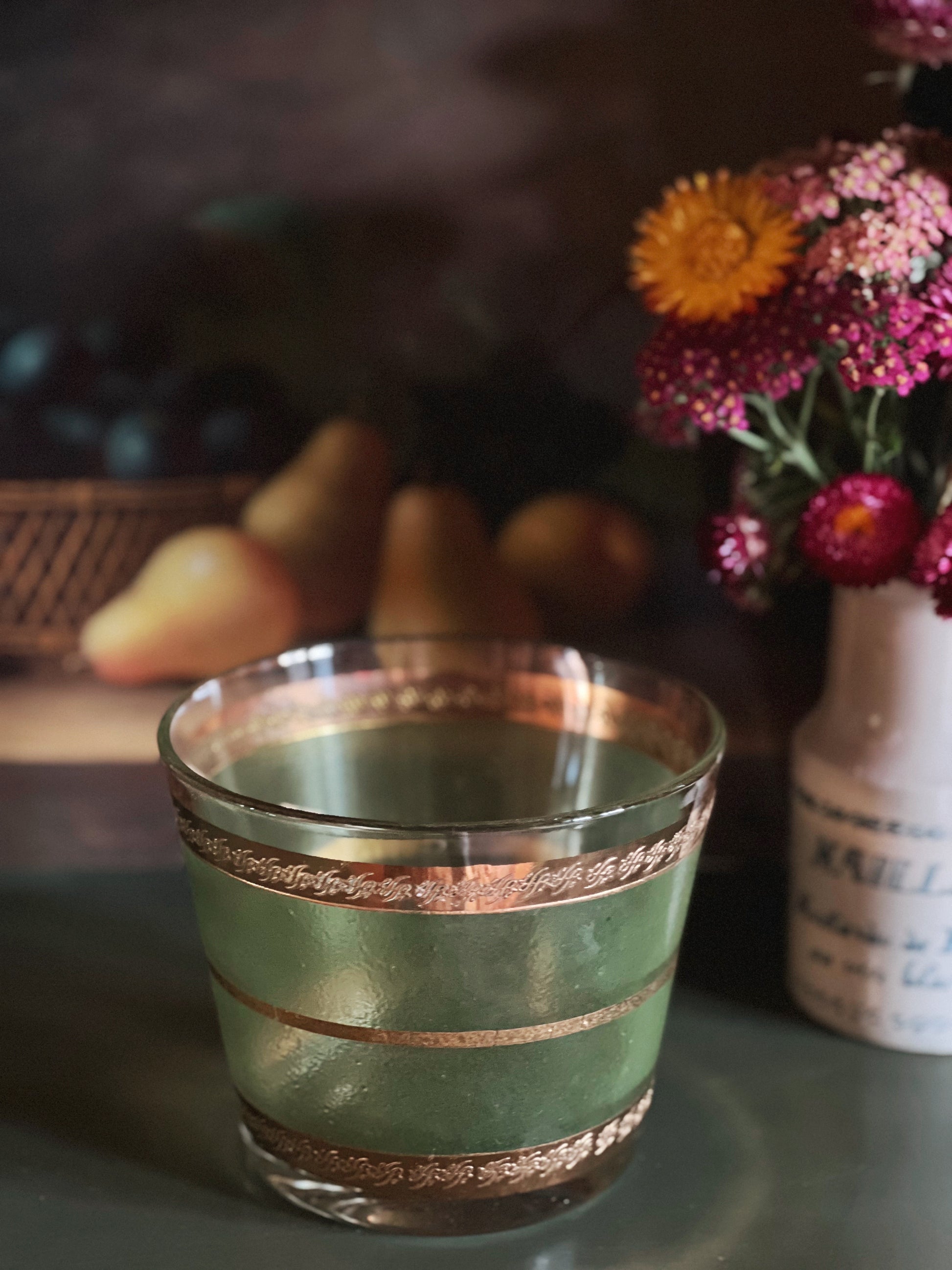 Vintage Green and Gold Glass Ice Bucket