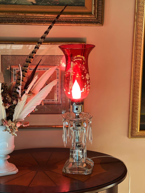 Vintage Cranberry Glass & Crystal Hurricane Lamp  (Electrified)