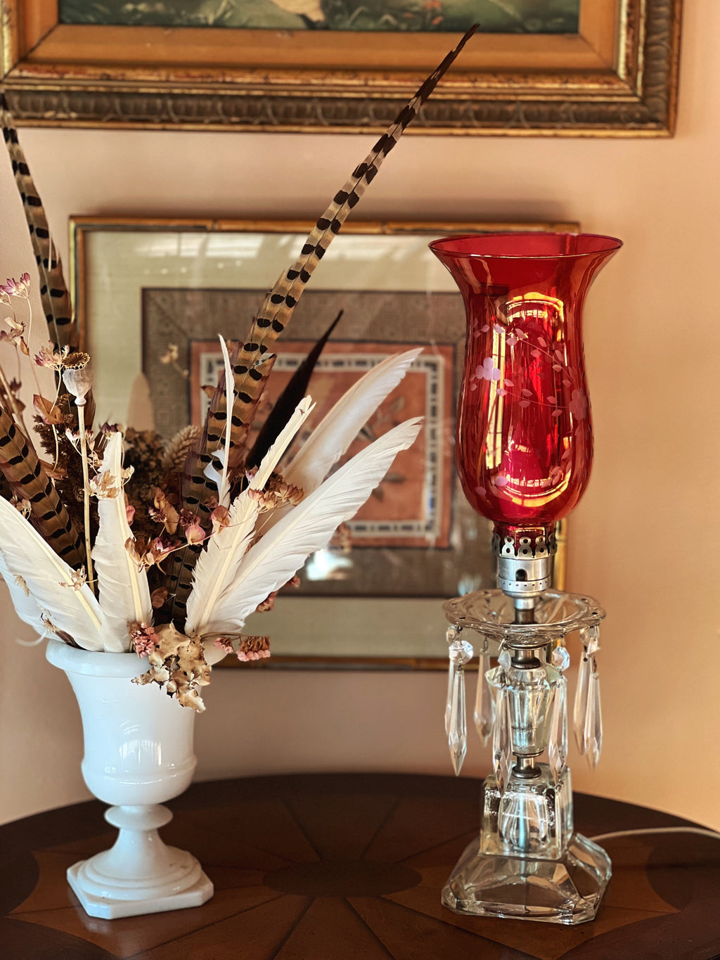 Vintage Cranberry Glass & Crystal Hurricane Lamp  (Electrified)