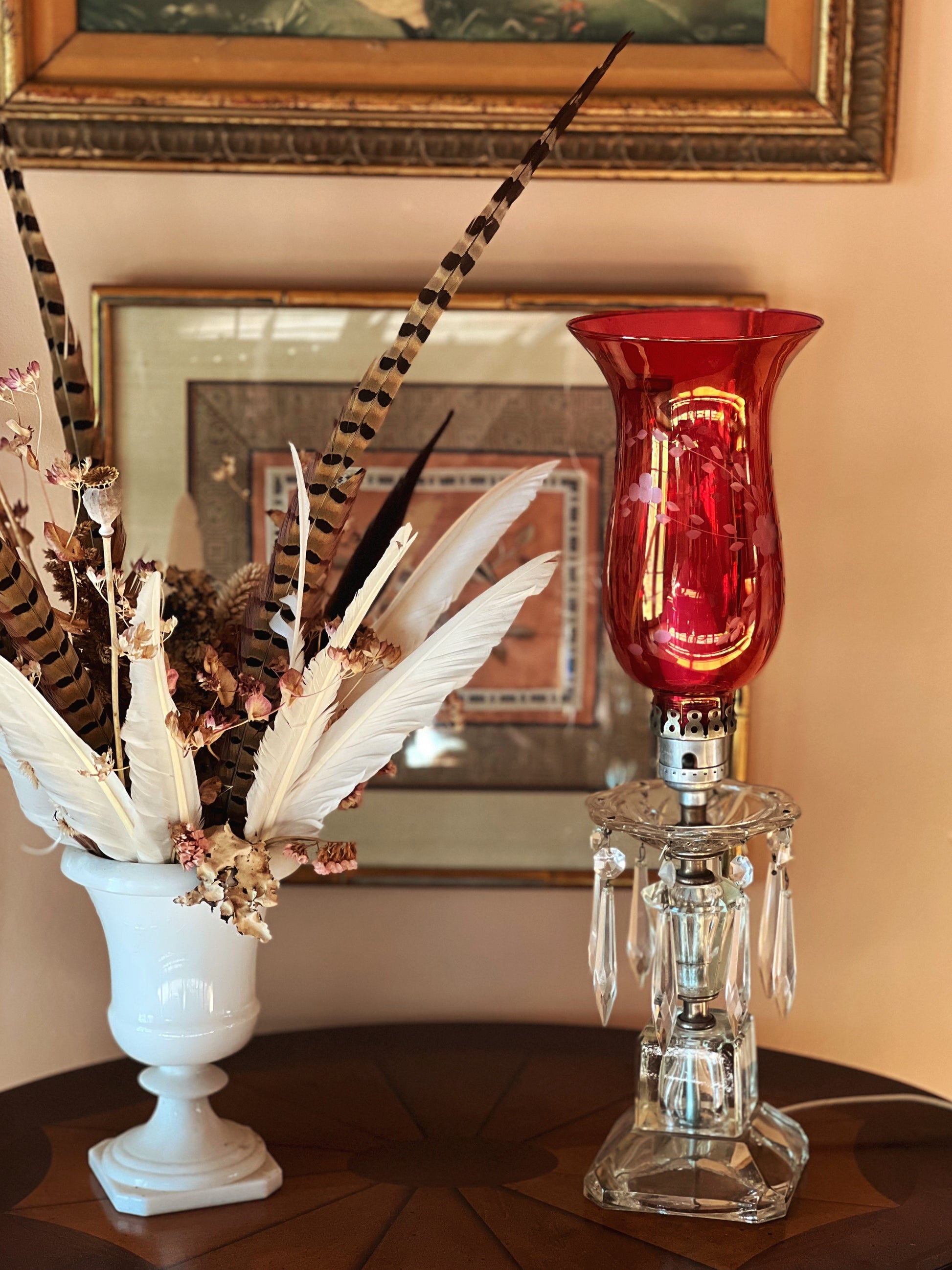 Vintage Cranberry Glass & Crystal Hurricane Lamp  (Electrified)