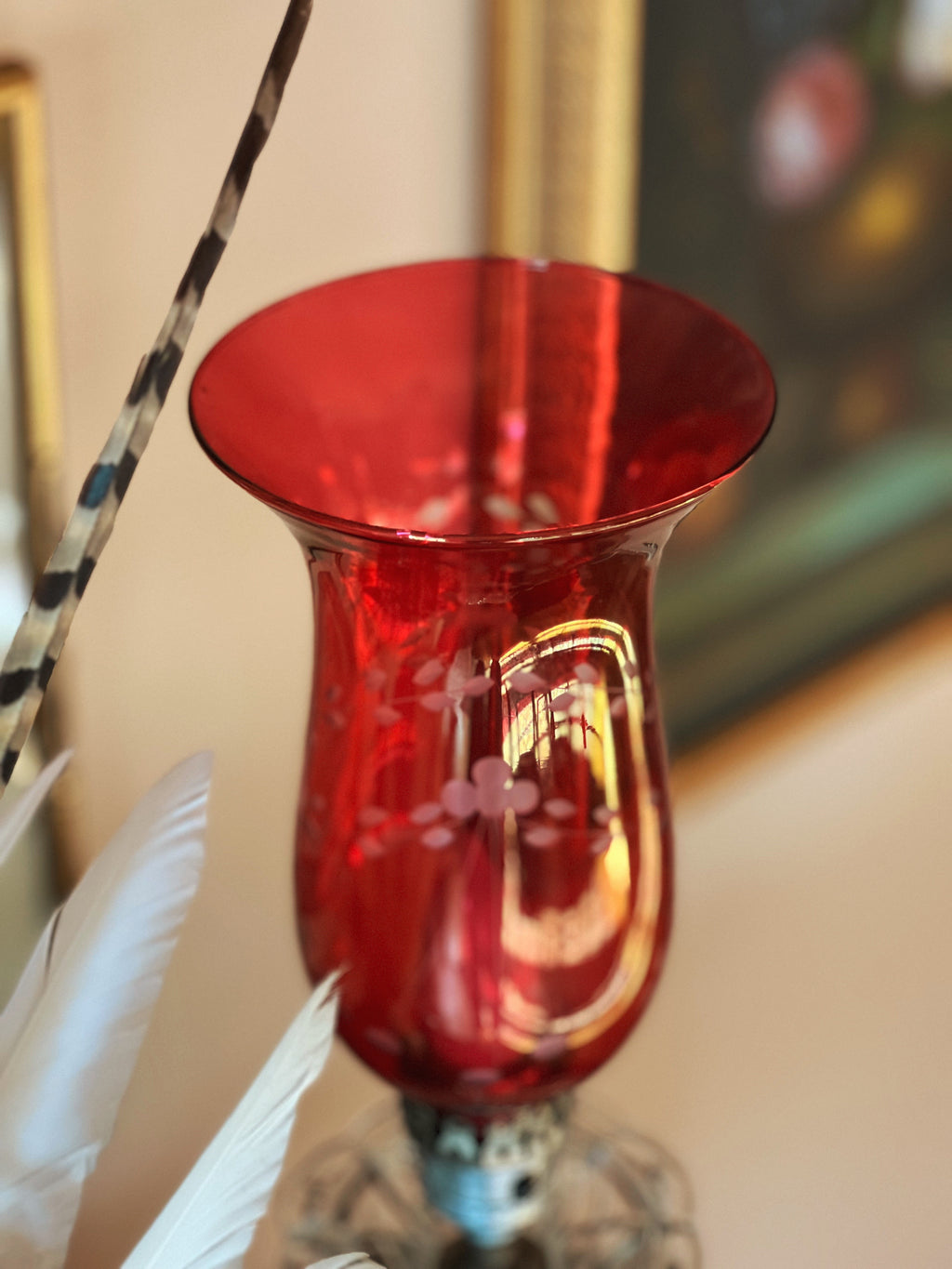 Vintage Cranberry Glass & Crystal Hurricane Lamp  (Electrified)