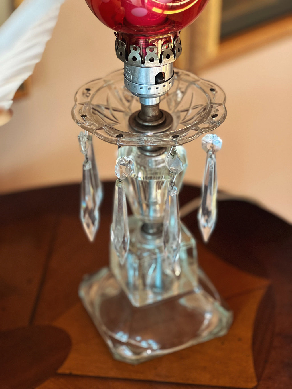 Vintage Cranberry Glass & Crystal Hurricane Lamp  (Electrified)
