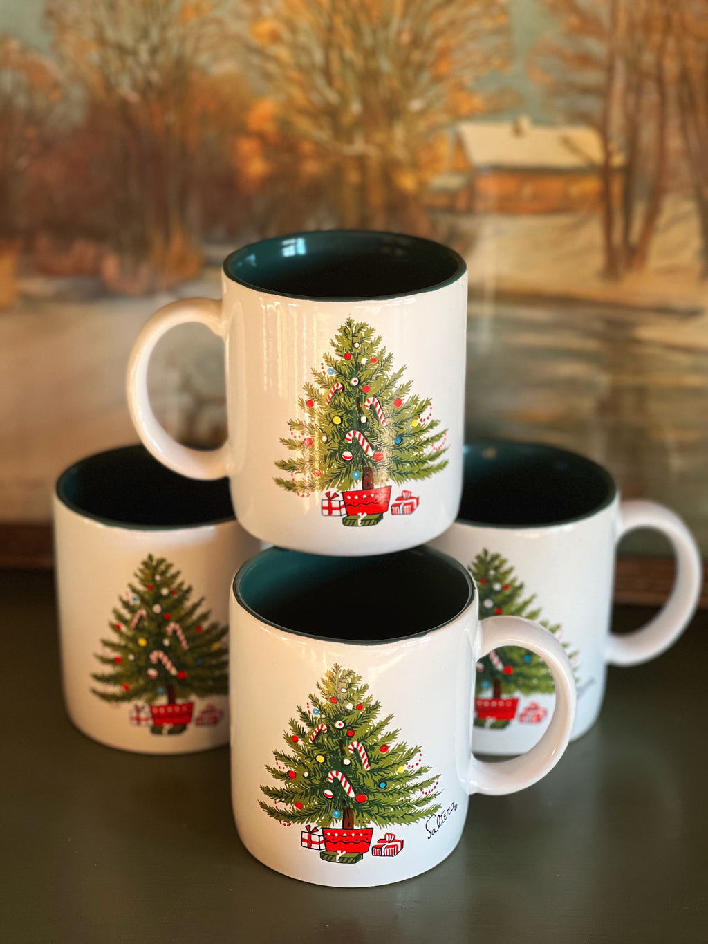Vintage Set of 4 Saltera Christmas Tree Mugs