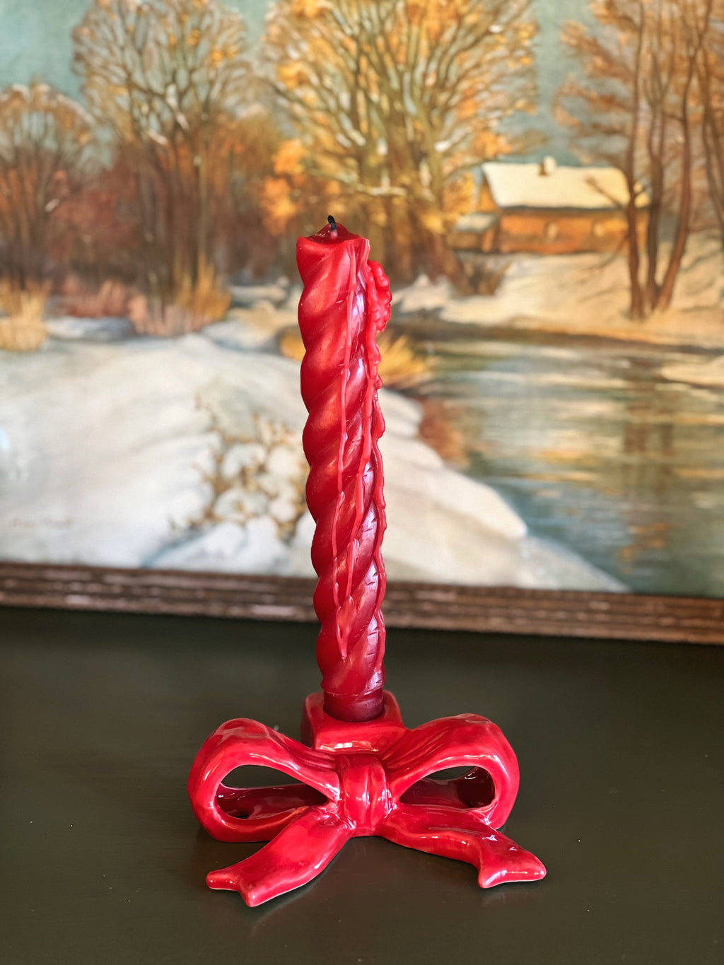 red ceramic bow taper candleholder